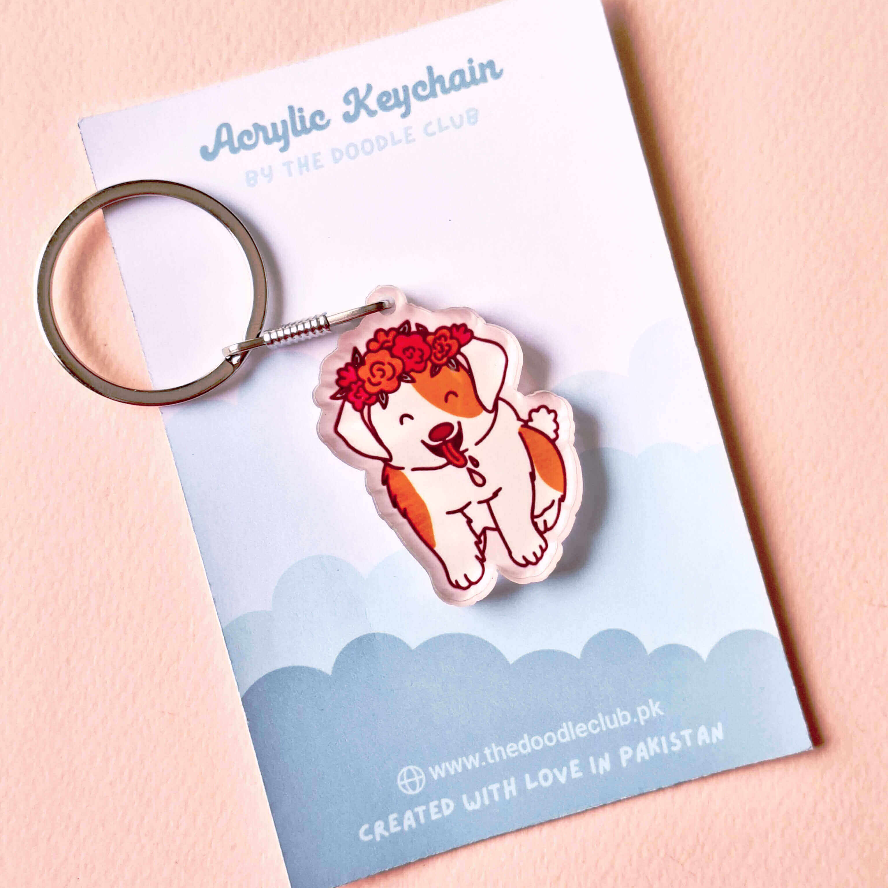 Floral Head Band Dog - White and Brrown Acrylic Keychain