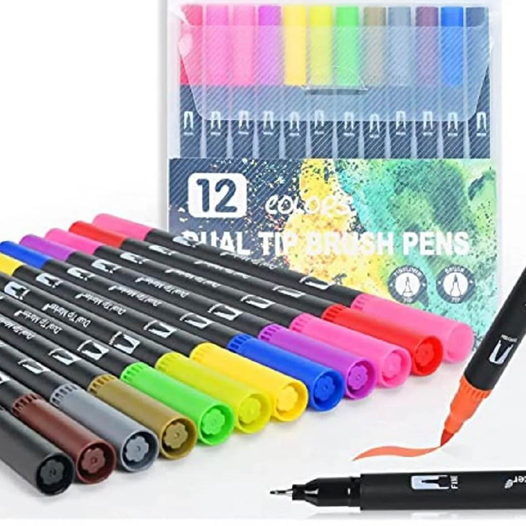12 Dual Tip Marker Brush Pens. Water-Based, Non Toxic Marker Set.