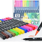 12 Dual Tip Marker Brush Pens. Water-Based, Non Toxic Marker Set.