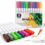 12 Dual Tip Marker Brush Pens. Water-Based, Non Toxic Marker Set.