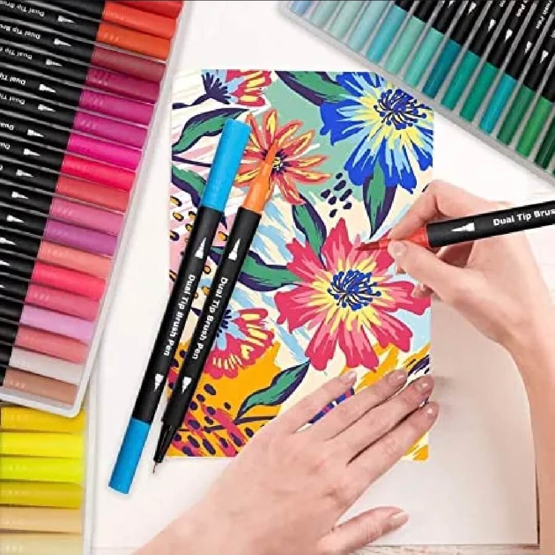 12 Dual Tip Marker Brush Pens. Water-Based, Non Toxic Marker Set.