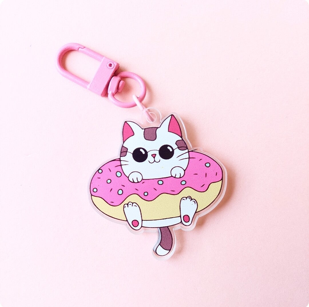 Cat Donut Acrylic Pink Hooks Keychain