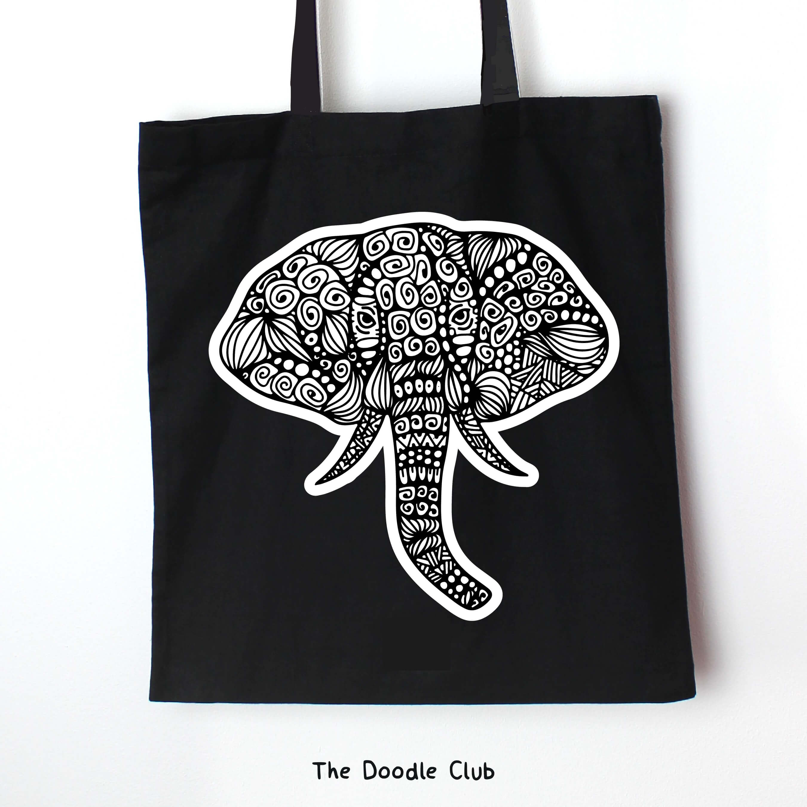 Elephant Doodle Black Totebag