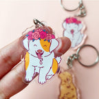 Floral Head Band Dog - White and Brrown Acrylic Keychain