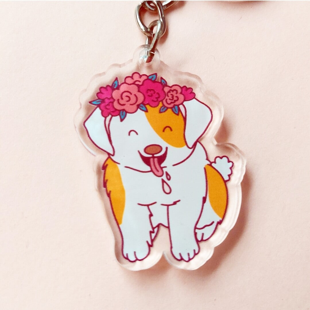 Floral Head Band Dog - White and Brrown Acrylic Keychain