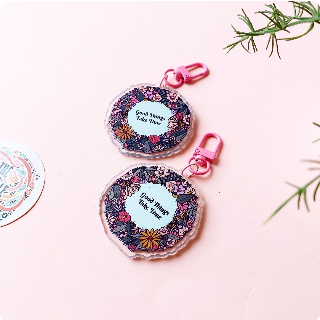 Good Things Take Time Acrylic Pink Clasp Keychain