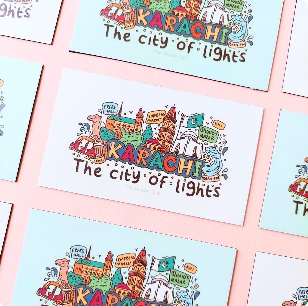 Karachi - The city of light Off White Doodle Fridge Magnet