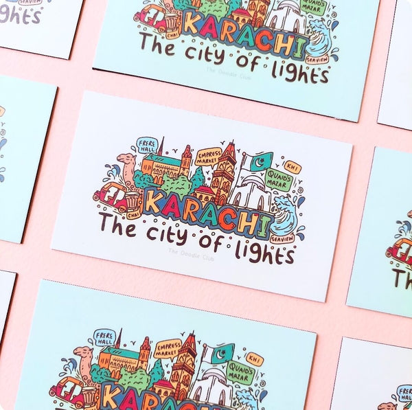 Karachi - The city of light Off White Doodle Fridge Magnet