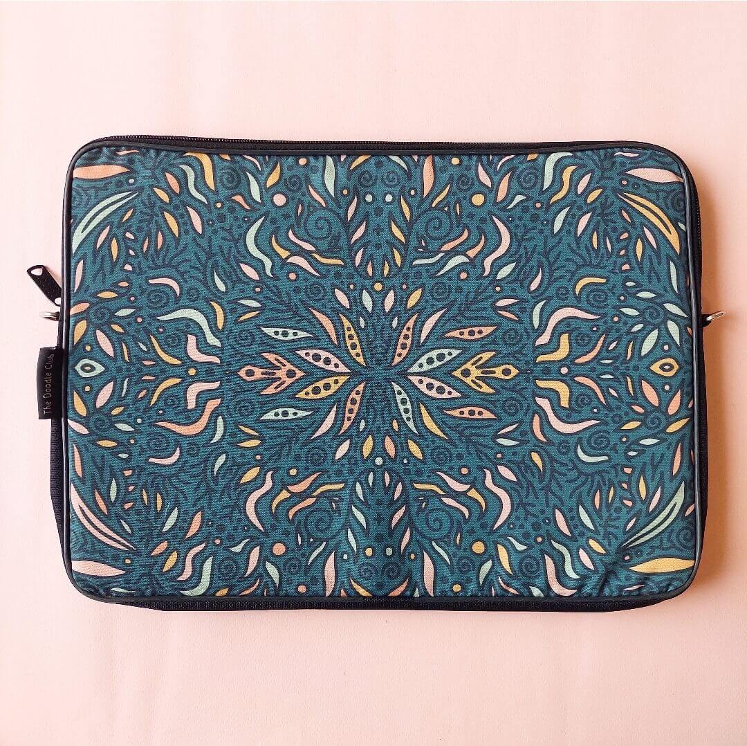 Teal Leaves Doodle Laptop Sleeve
