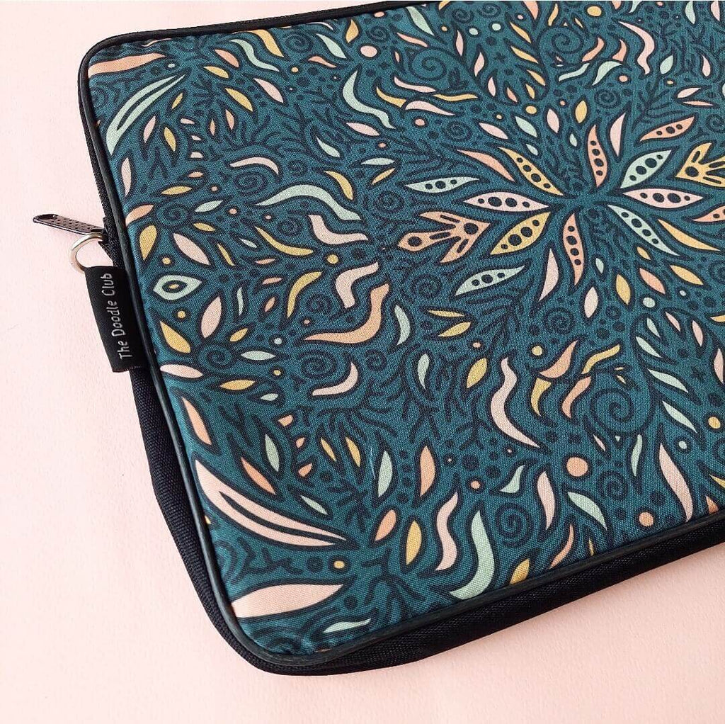 Teal Leaves Doodle Laptop Sleeve