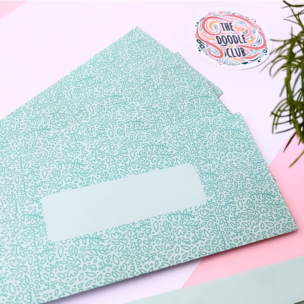 Mint Green Leaves Doodle Envelopes