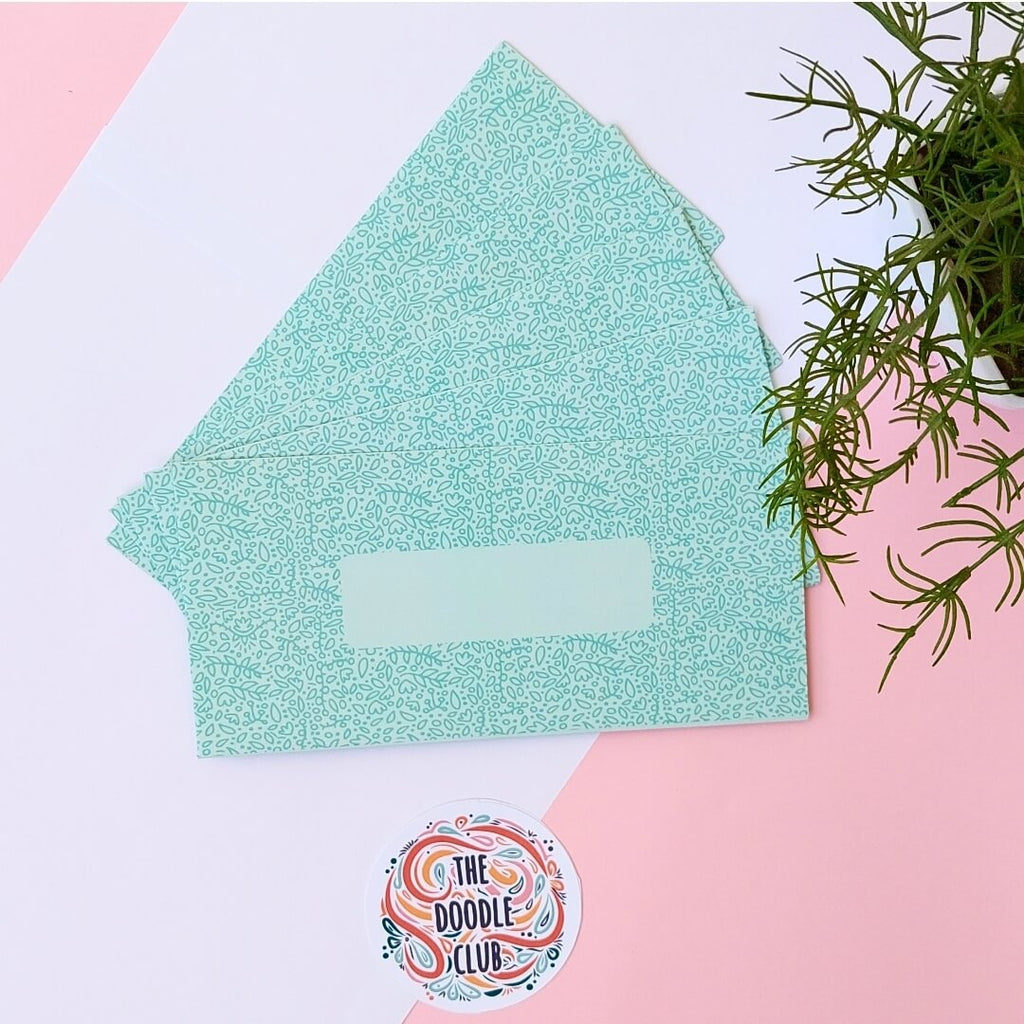 Mint Green Leaves Doodle Envelopes