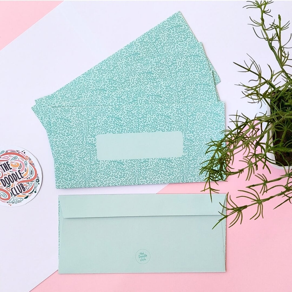 Mint Green Leaves Doodle Envelopes