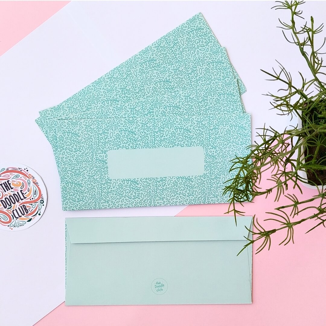 Mint Green Leaves Doodle Envelopes