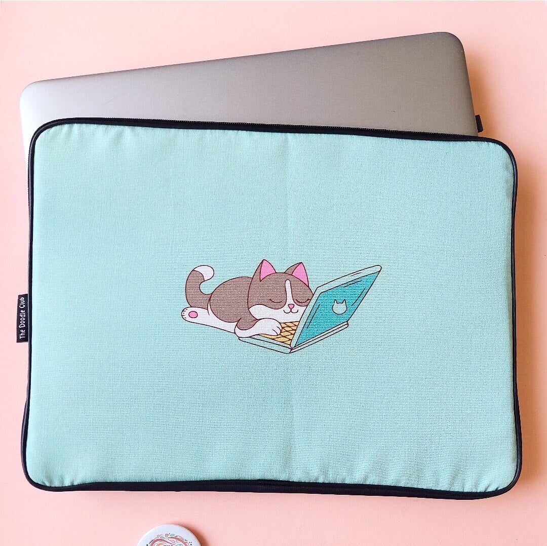 Mint Green Sleepy Cat Laptop Sleeve