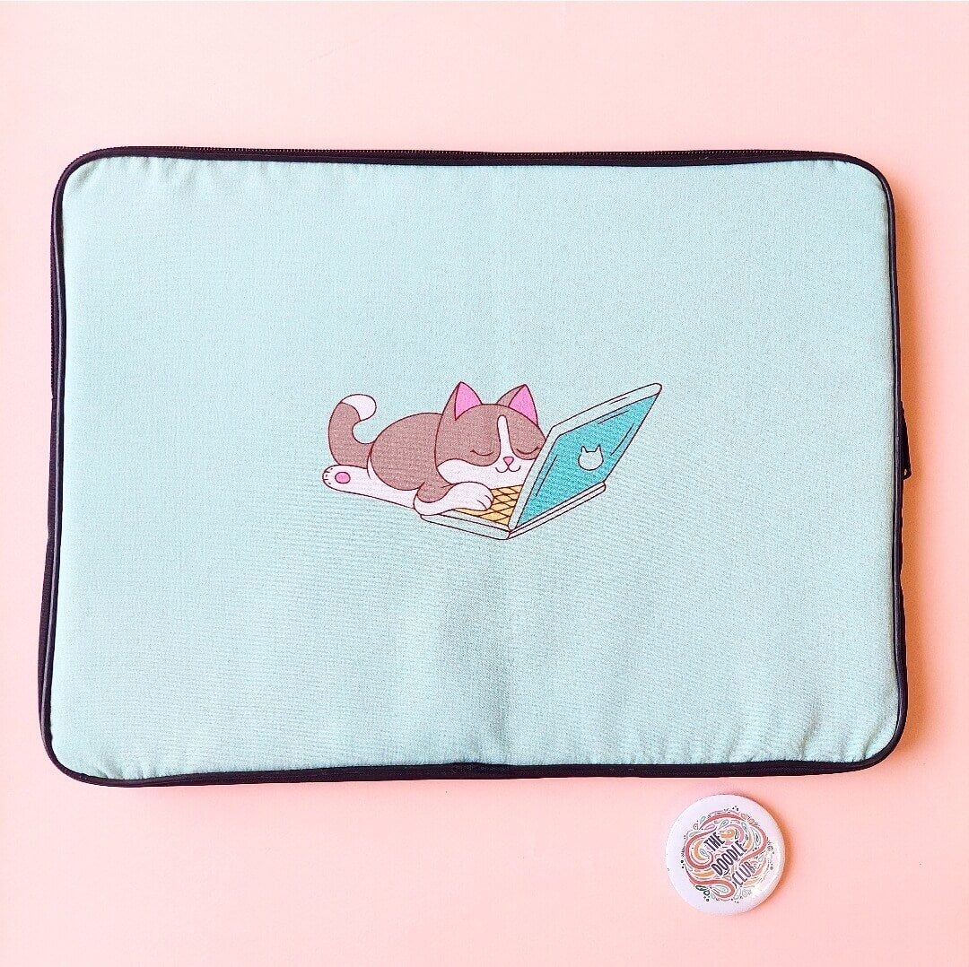 Mint Green Sleepy Cat Laptop Sleeve