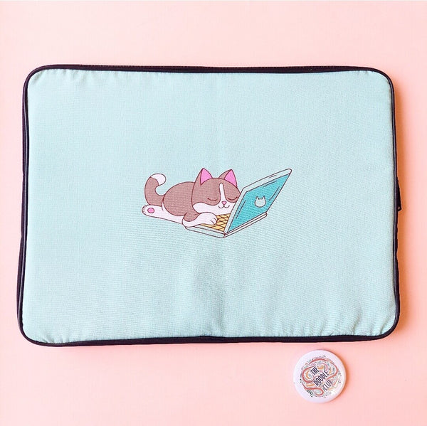 Mint Green Sleepy Cat Laptop Sleeve