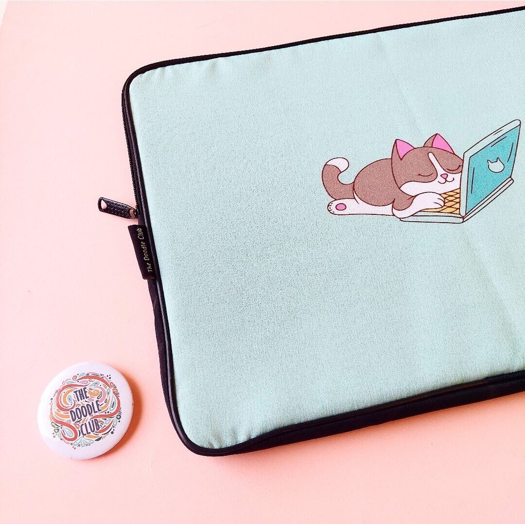 Mint Green Sleepy Cat Laptop Sleeve