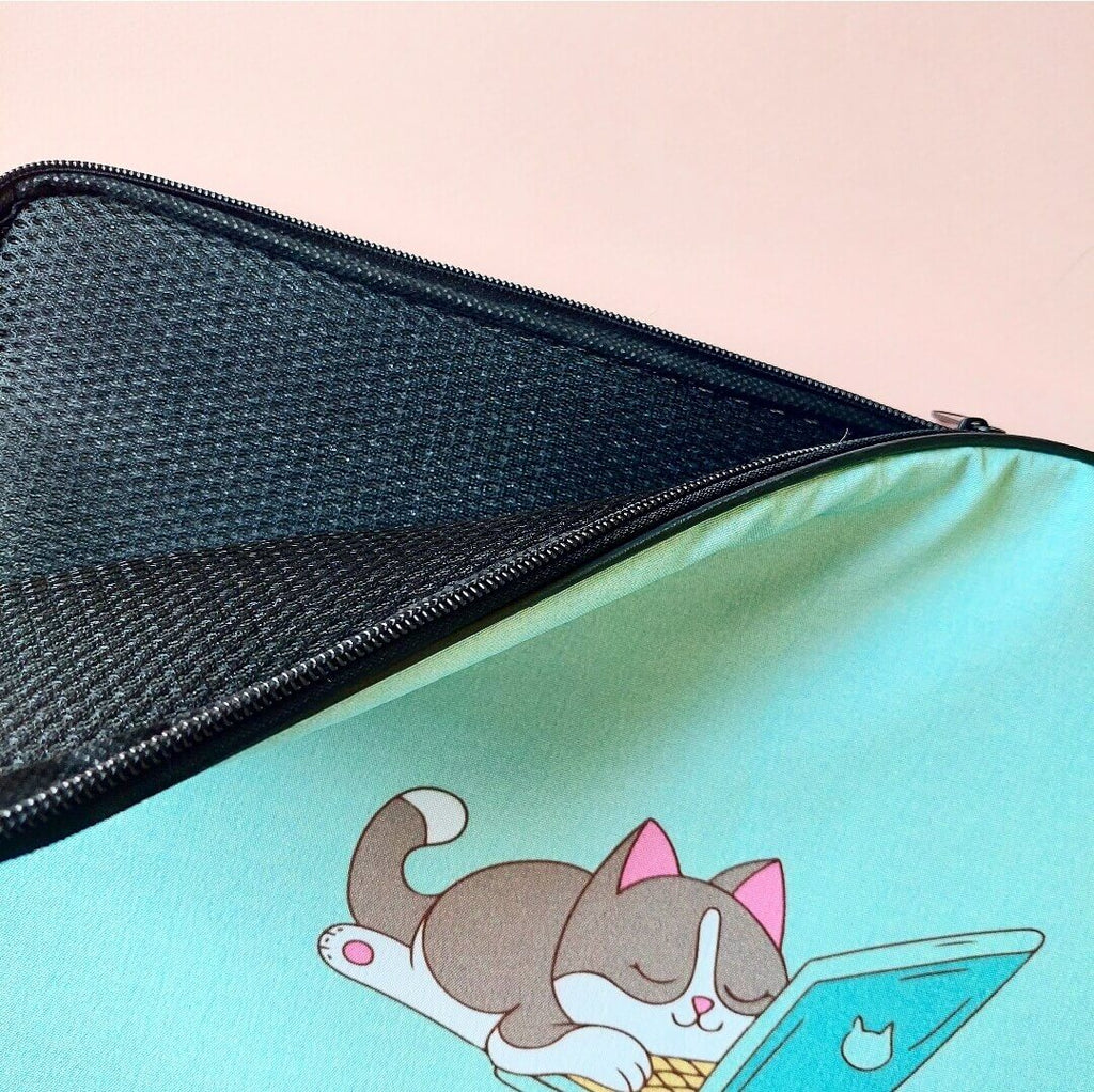 Mint Green Sleepy Cat Laptop Sleeve