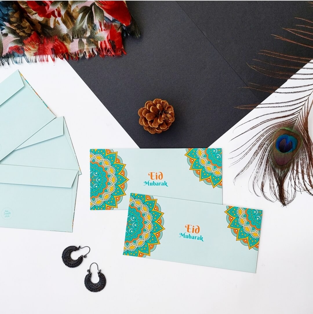 Ornate Mint Green Eid Mubarak Envelopes