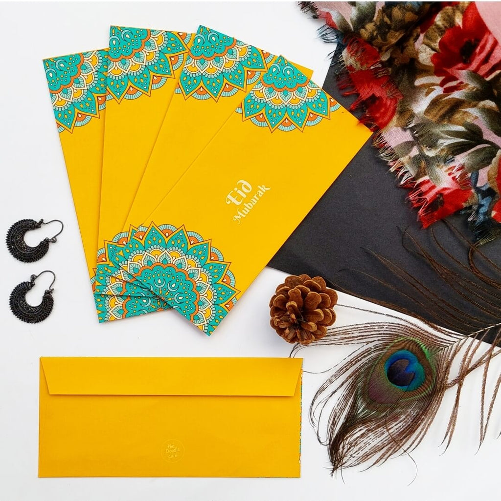 Ornate Yellow Eid Mubarak Envelopes