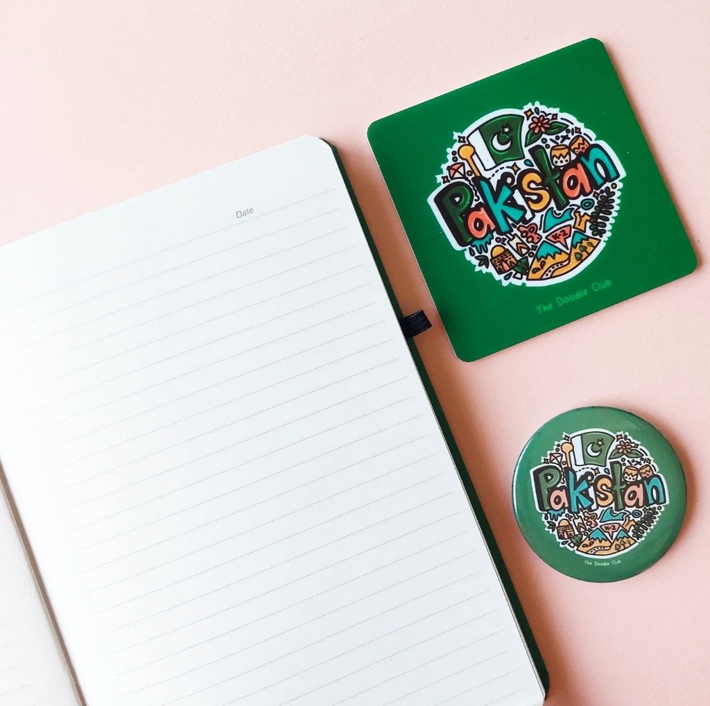 Pakistan Doodle Teal Green Journal, Coaster and Magnet Bundle