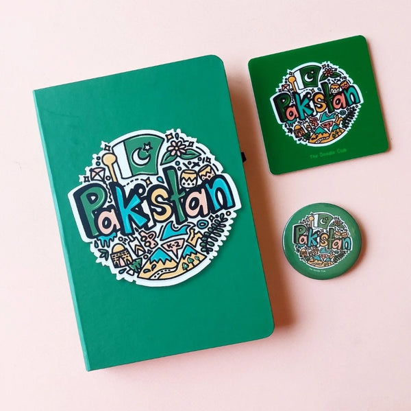 Pakistan Doodle Teal Green Journal, Coaster and Magnet Bundle