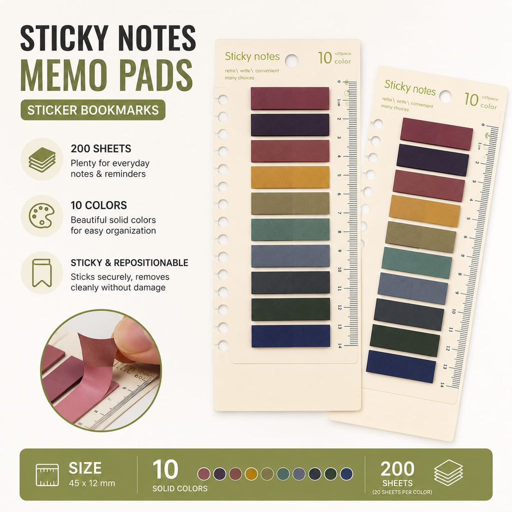 10-Solid Color Sticky Notes Set, 200 Sheets