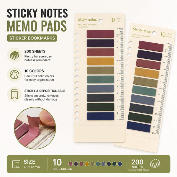 10-Solid Color Sticky Notes Set, 200 Sheets