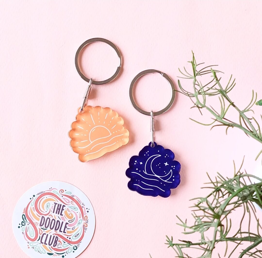 Set of 2 Yellow Sun and Blue Moon Ocean Acrylic Keychain