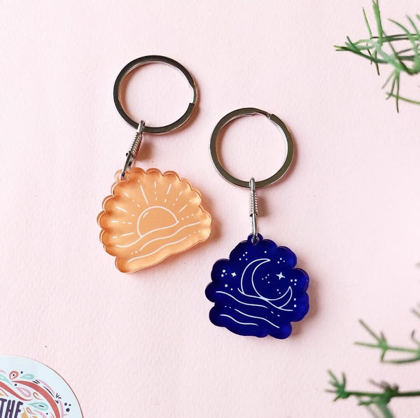 Set of 2 Yellow Sun and Blue Moon Ocean Acrylic Keychain